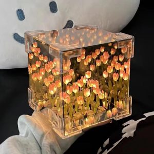 Cube Tulip LED Mirror Lamp – Square Decorative Flower Night Light