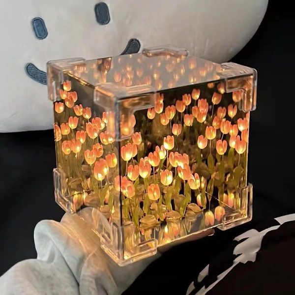 Cube Tulip LED Mirror Lamp – Square Decorative Flower Night Light