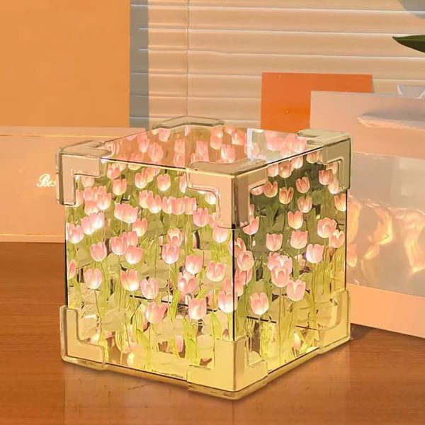 Cube Tulip LED Mirror Lamp – Square Decorative Flower Night Light - Image 2