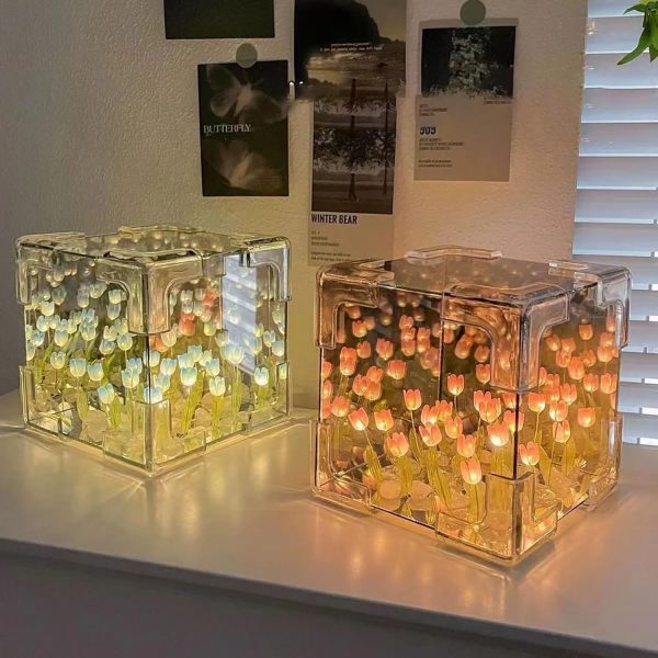 Cube Tulip LED Mirror Lamp – Square Decorative Flower Night Light - Image 4