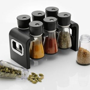 6 Piece Multipurpose Plastic Spice Storage Rack Jar Condiment Set with Stand (Black)