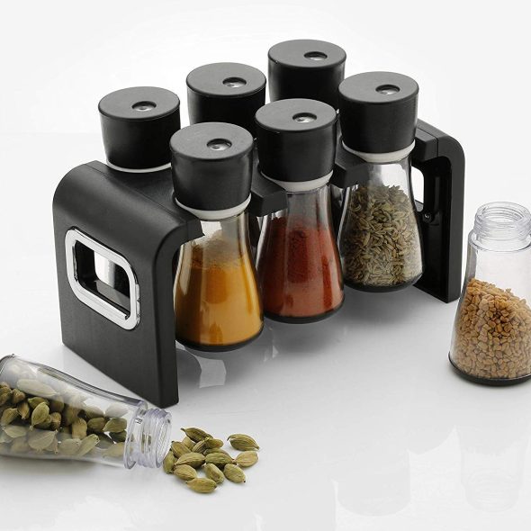 6 Piece Multipurpose Plastic Spice Storage Rack Jar Condiment Set with Stand (Black)
