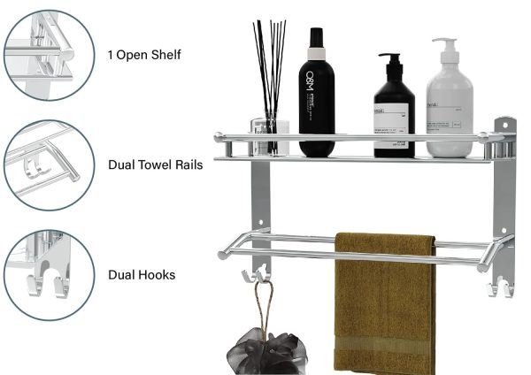 Multipurpose Stainless Steel Single Layer Shelf with Towel Rod I Multipurpose Wall Mount Bath Shelf Organizer - Image 2