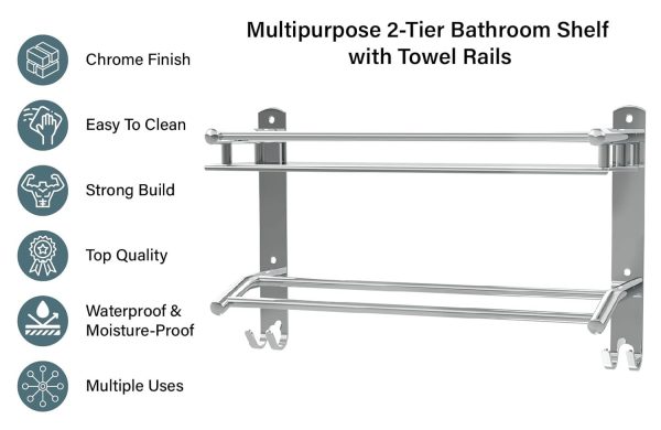 Multipurpose Stainless Steel Single Layer Shelf with Towel Rod I Multipurpose Wall Mount Bath Shelf Organizer - Image 4